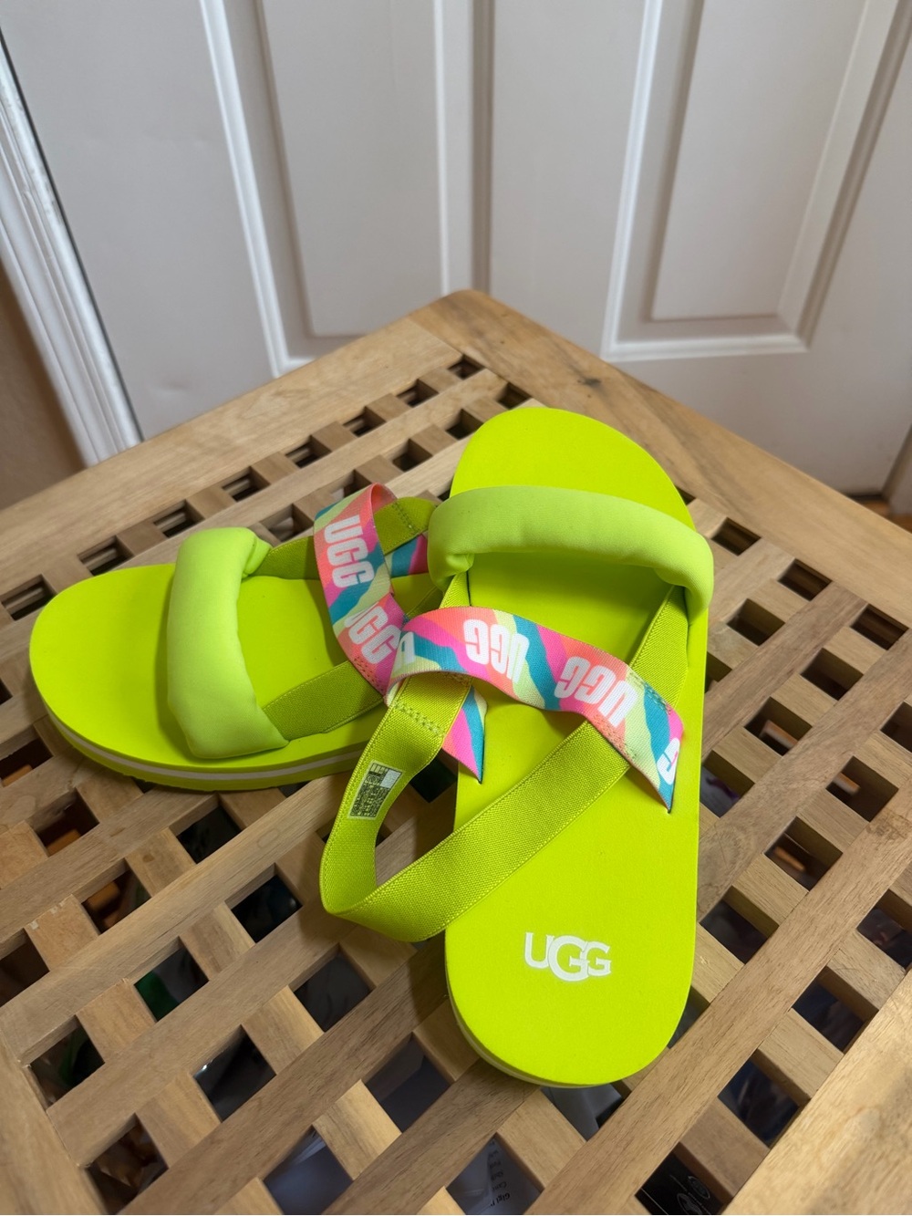 UGG Kids Neon Lime Slide Sandals with Rainbow Logo Strap